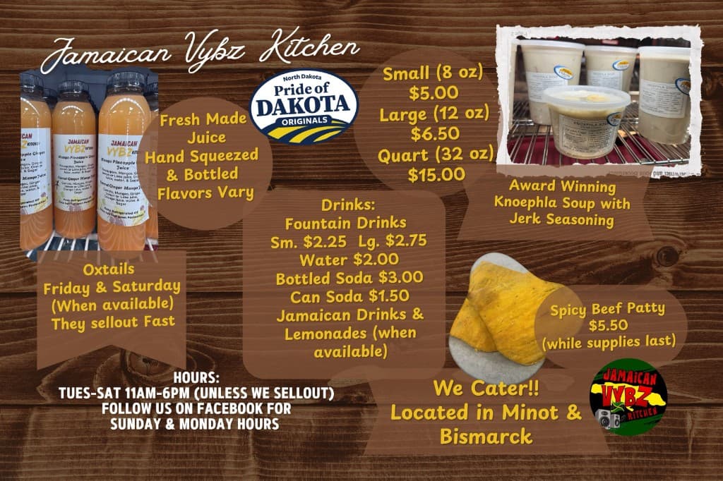 Jamaican Vybz Kitchen menu - drinks, soup, sides, hours, and catering